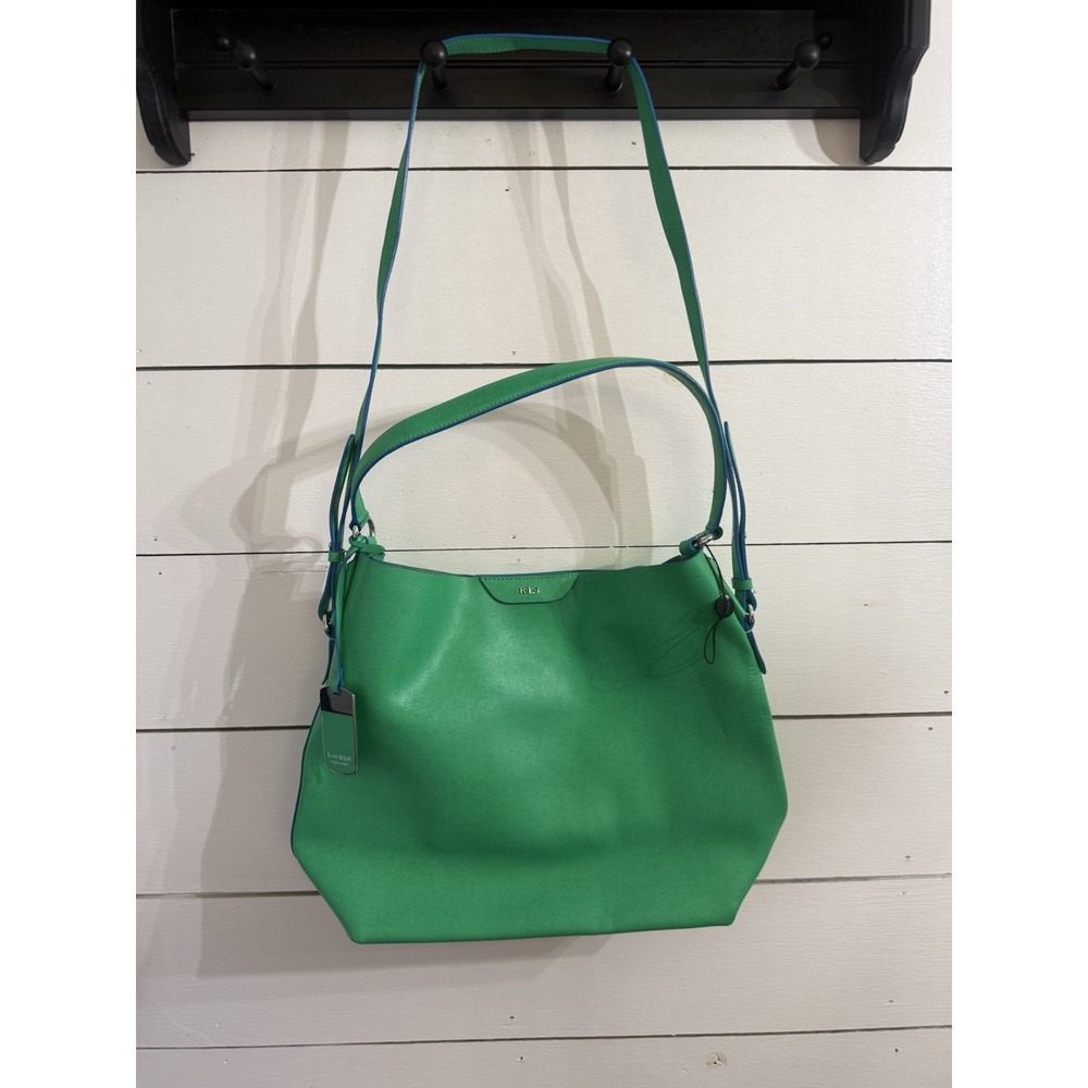 Polo Ralph Lauren Green Leather Tote Bag Classic Old Money Crossbody Blue Trim
